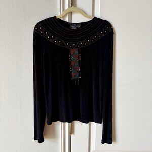 Vintage Carole Little Beaded Stretch Knit Long Sleeve Top Size M